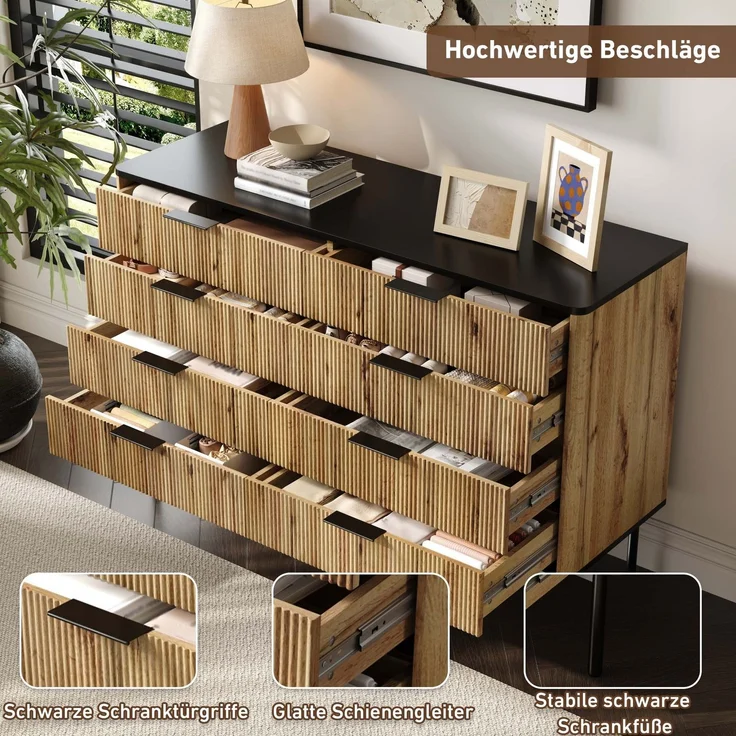 Merax Sideboards, Schränke, Lagerschränke, Kommode, geeignet für Wohnzimmer/Esszimmer/Eingang, 120 x 39,5 x 80cm (B/H/T) Natur und Schwarz – Bild 6