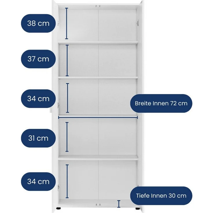 Home Collective Mehrzweckschrank 75 cm breit mit Einlegeböden 75x35x184 cm (BxTxH) Weiß mit 2 Türen & 4 Einlegeböden – Bild 2