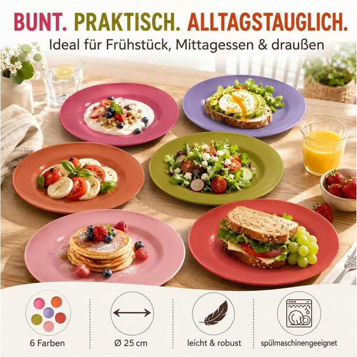 rice Teller-Set Melamin Teller Set 6er farbenfroh für Alltag & Outdoor (6-tlg), Melamin, Robust – Bild 3