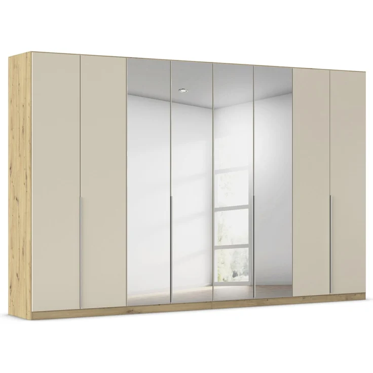 Rauch Möbel Alabama, Kleiderschrank für Schlafzimmer, Kinderzimmer, Wohnzimmer, Garderobe, Flur, 8-türig, Spiegel, mit Premium Zubehör, Farbe Beige/Eiche Artisan. Holz, Breite 360 cm