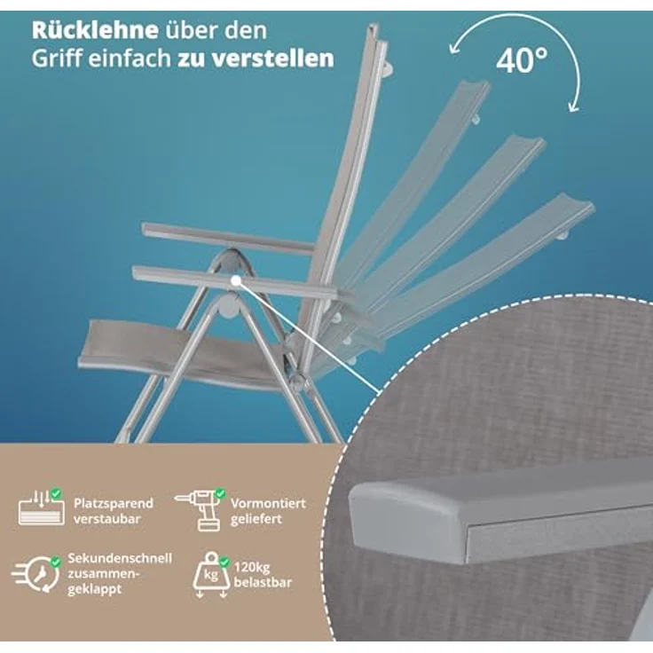 KHG Gartenstuhl Hochlehner Alu Klappstuhl, 8-Fach verstellbare Rückenlehne | silber grau wetterfest rostfrei, 120 kg belastbar, Balkonstuhl, Kunststoff, vormontiert, vielseitig kombinierbar – Bild 5