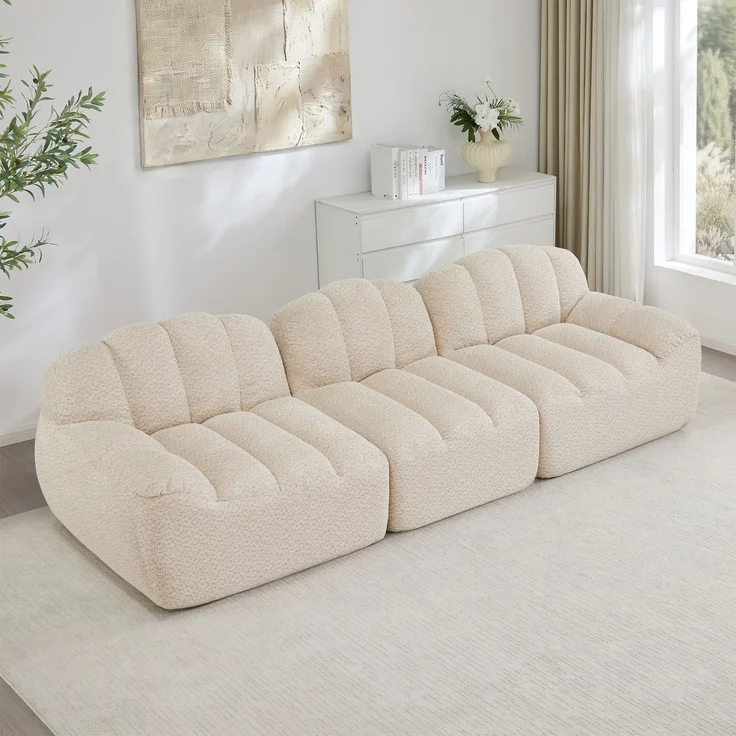EINHOM 3-Sitzer Modulares Sofa, Boneless Design aus 32D Hochdichtschaum, tiefe Sitzfläche, ideal für Wohnzimmer, weicher Stoff, Beige Weiß – Bild 1
