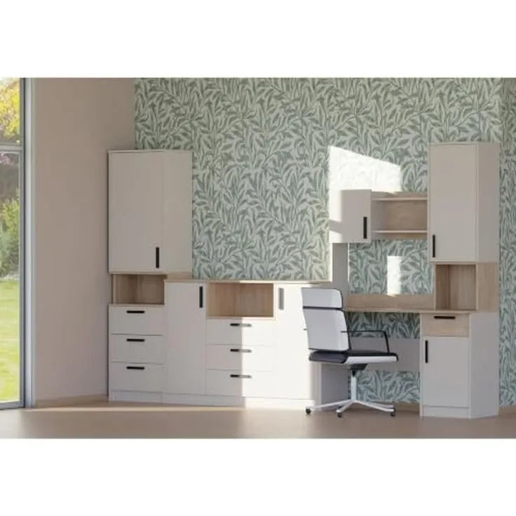 Marmex Möbel Grant Set-29C Jugendmöbel Kombi Schreibtisch Standregal Kommode, laminierte Spanplatte, graubeige cashmere+cremona torro 314x195x52,5 cm
