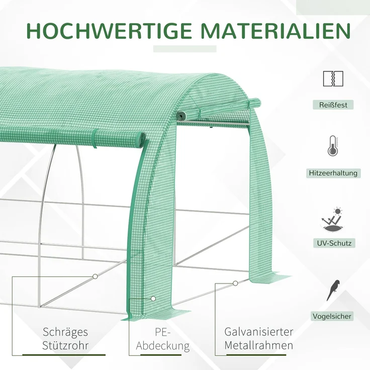Wohnora-Foliengewächshaus Polytunnel 6x3x2m mit UV-Schutz, begehbar, aufrollbare Abdeckungen aus Stahlrohr, grün,H 200cm x T 597cm x B 300cm – Bild 3