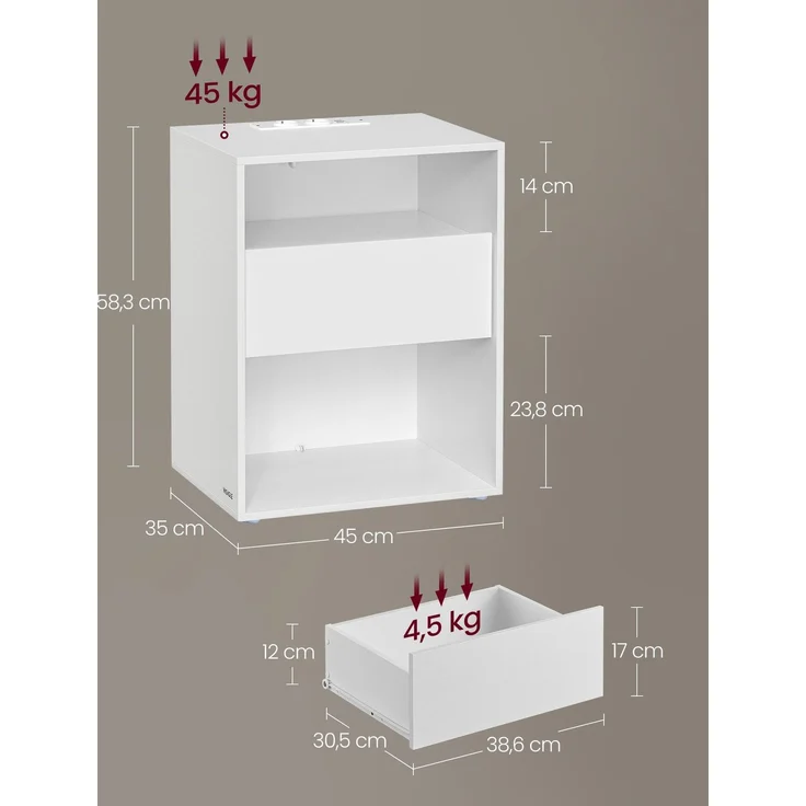 Vasagle Toolless-Technologie, superschnelle werkzeuglose Montage, Nachttisch 2er Set, Beistelltisch mit Ladefunktion, Nachtschrank mit Schublade, modern, Schlafzimmer, Wohnzimmer, mattweiß LETDE776W01 – Bild 5