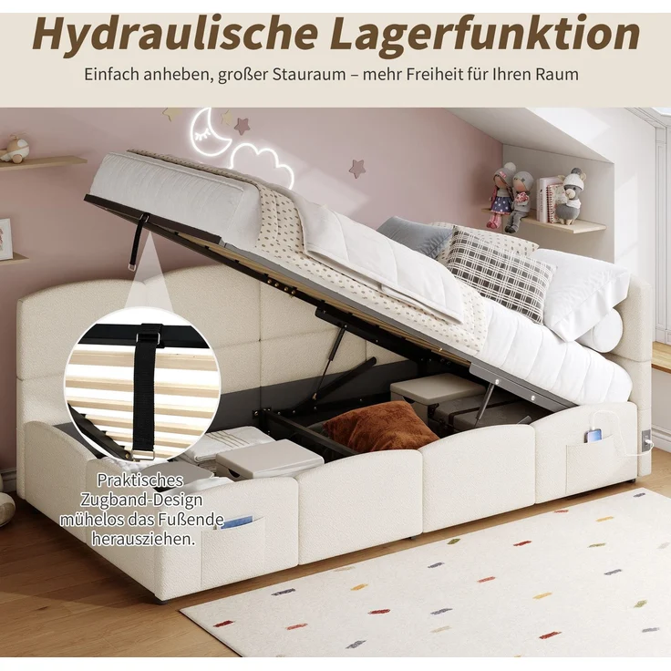 Polsterbett mit Aufbewahrung, Taschen, Lattenrost, USB und Type-C, 90x200 cm, Einzelbett mit gepolstertem Kopfteil, Samt – Bild 3