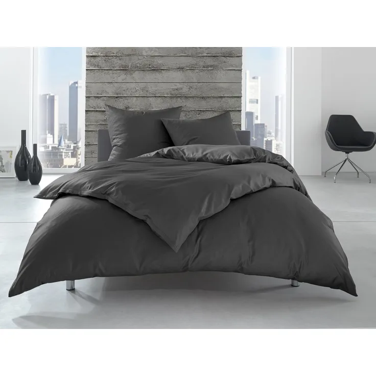 Bettwaesche-mit-Stil Renforcé / Linon Hotelbettwäsche "Lia" 100% Baumwolle anthrazit uni einfarbig Garnitur 135x200 + 60x80cm