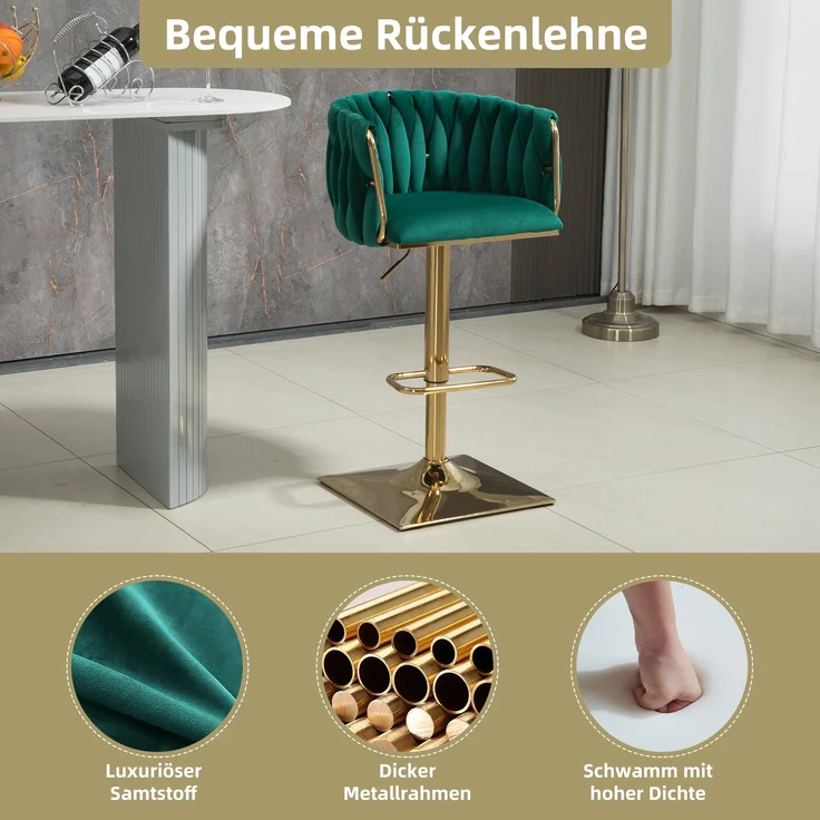 LVHOM Barhocker 2er Set, 360° drehbare moderne Samt-Barstühle, drehbare Küchenhocker, goldene Stuhlbeine – Bild 5