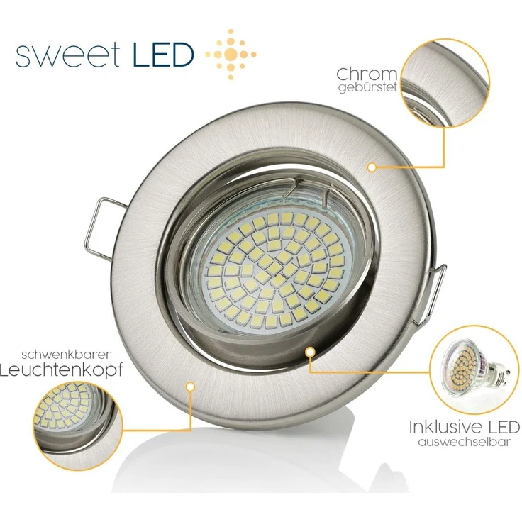 Sweet LED LED Einbaustrahler 12er Set rund schwenkbar chrom gebürstet 230V 5W GU10 LED Deckenspots, LED fest integriert, 6500K - kaltweiß, Deckenstrahler, Einbauleuchten – Bild 4