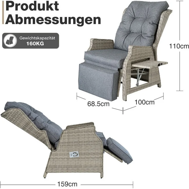 HOMECALL Rattanstuhl Gartensessel Indoor Verstellbar Liegestuhl Gartenliege balkonliege (Wetterfester Rahmen, klappbarem Beistelltisch und Fußstütze, 2 St), COMLAX FIELD – Bild 3