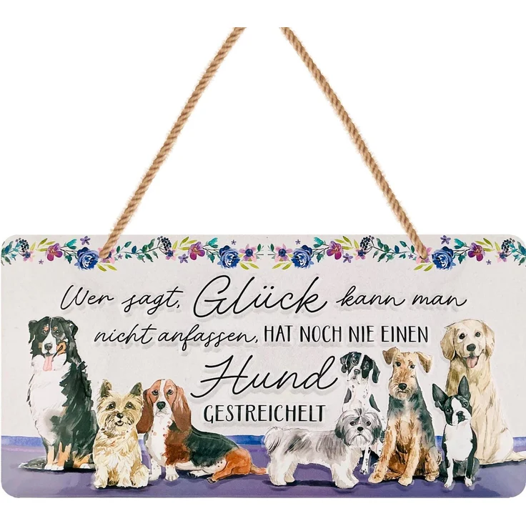 LANOLU Blechschild Glück Hunde streicheln - 16x32cm – Metall – Weiß – 16101 – Bild 1