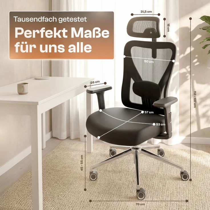 LUTIVO Alpha, ergonomischer Bürostuhl, Rückenlehne mit Mesh Bezug, 3D-Armlehnen, 3D-Kopfstütze, FluxWheels, Schwarz – Bild 4