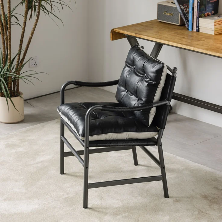 Sessel, 1er-Set, schwarzes Echtleder und Metallrahmen,90*60*62 cm – Bild 2