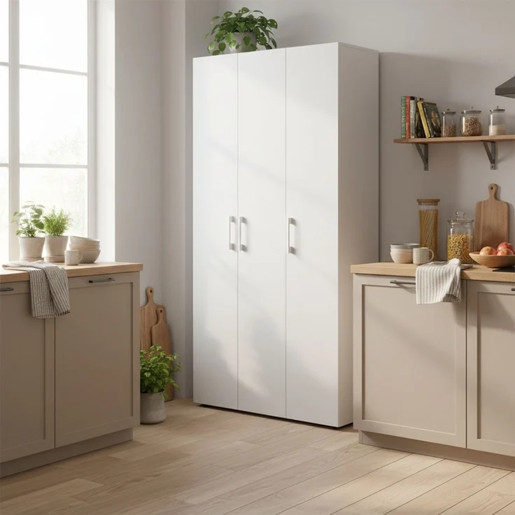 Bellamio 'Apol' Mehrzweckschrank, weiß, 176x33x90 cm, Putzschrank mit 3 Türen und 5 Regalen, Besenschrank mit Staubsaugerfach – Bild 2