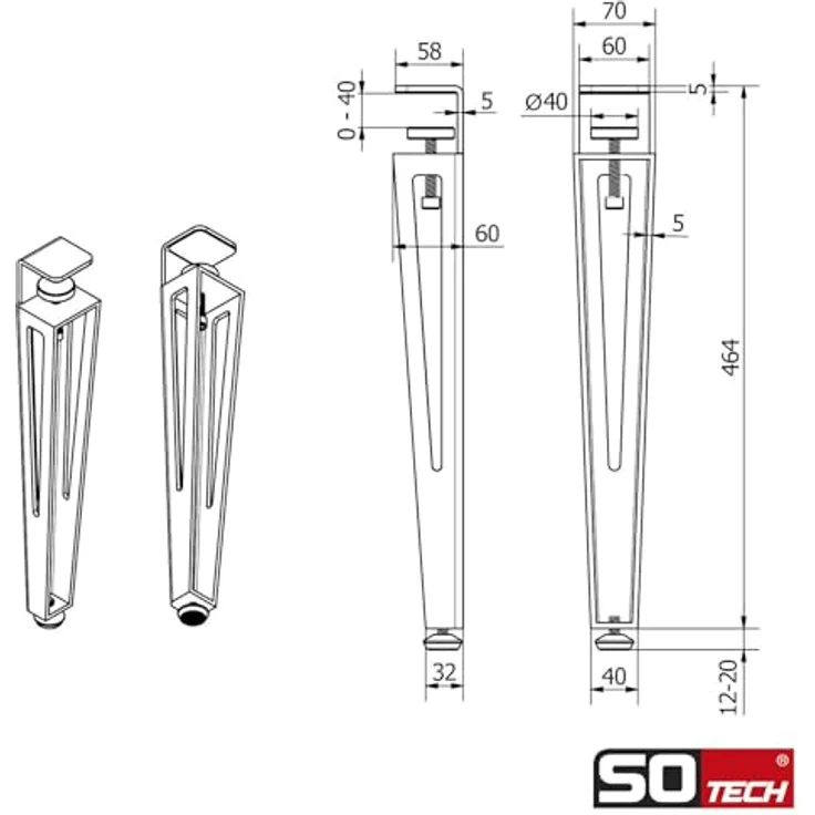 SO-TECH® Tischbein ColorLine in F-Form konisch zulaufend von 70 auf 40 mm, mit Klemmschraube (ohne Bohren) - weiß - Höhe 464 mm - 1x – Bild 7