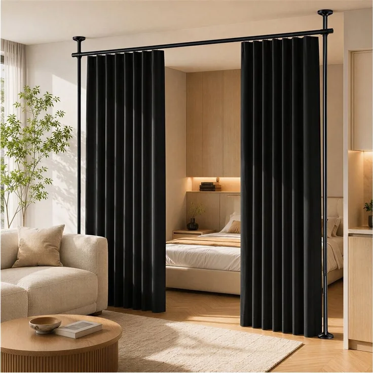 BlingBin Raumteiler Bohrfreier Raumteiler Spannstange, verstellbares Raumtrenn‑Spannsystem, 2‑vertikal 1‑horizontal, mit Vorhang, Höhe 227‑312 cm, Breite 71‑178 cm 4-tlg, freistehende Sichtschutz Trennwand für Mietwohnung, Homeoffice, Balkon