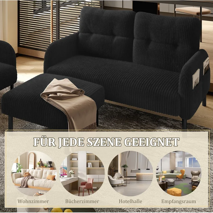 Sofa-Set 120x75x79 cm aus Cord mit Sessel und Hocker – 3-teilig, flexibel kombinierbar – Bild 8