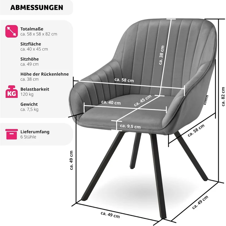 tectake Esszimmerstuhl Drehbarer Armlehnstuhl (6er Set, 6 St), gepolstert, in Samtoptik – Bild 4