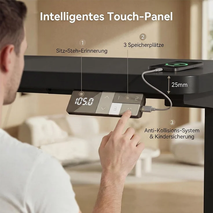 Devoko Höhenverstellbarer Schreibtisch 160x80 cm elektrisch, Höhenverstellung 63-128 cm mit Smart Control, 125 kg Tragkraft, für gesundes Arbeiten – Bild 4