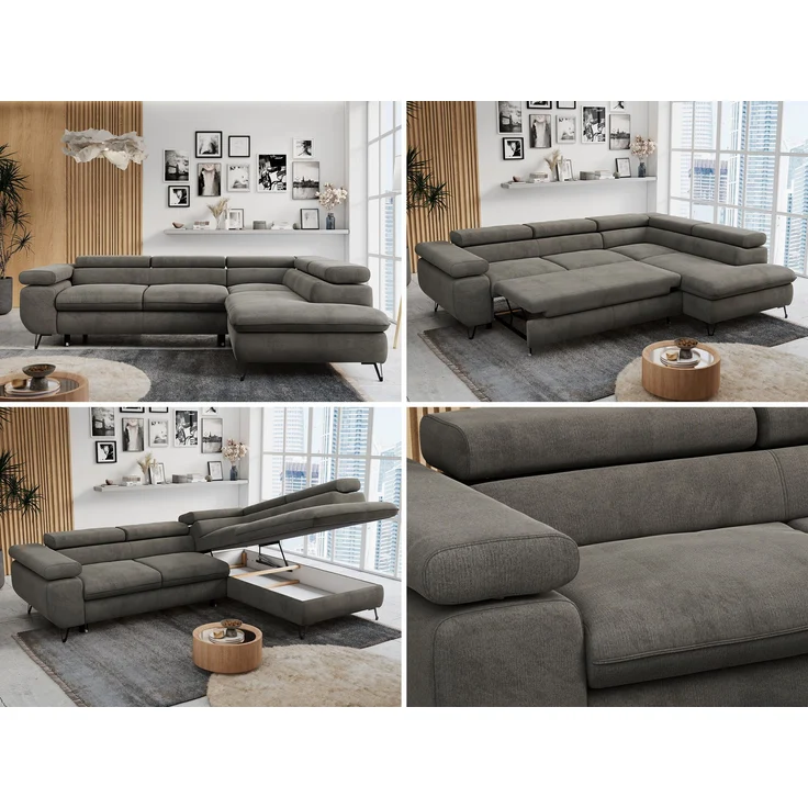 Mks Möbel 'Peter L-form' Ecksofa mit Bettfunktion, Bettkasten & einstellbaren Kopfstützen, Dunkelgrau, Velours, mit Topper, rechts – Bild 2