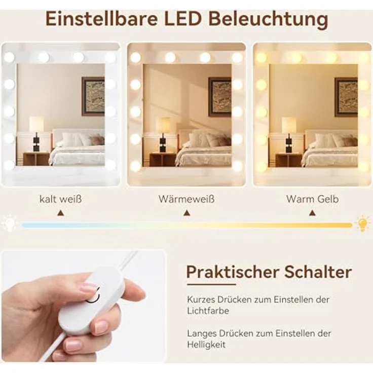 Jocoevol Schminktisch mit Spiegel und LED Beleuchtung, 12 LED Lichtkugeln, 3 Farben, Dimmbar, mit Steckdosenleiste, Kosmetiktisch​ mit 4 Schubladen und 2 Offenen Ablagen, (Weiß) – Bild 3