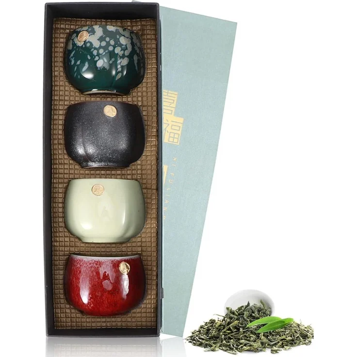 Japanische Keramik Teetassen Set Retro Kung-Fu Tee Sake Becher 4-teilig – Bild 1