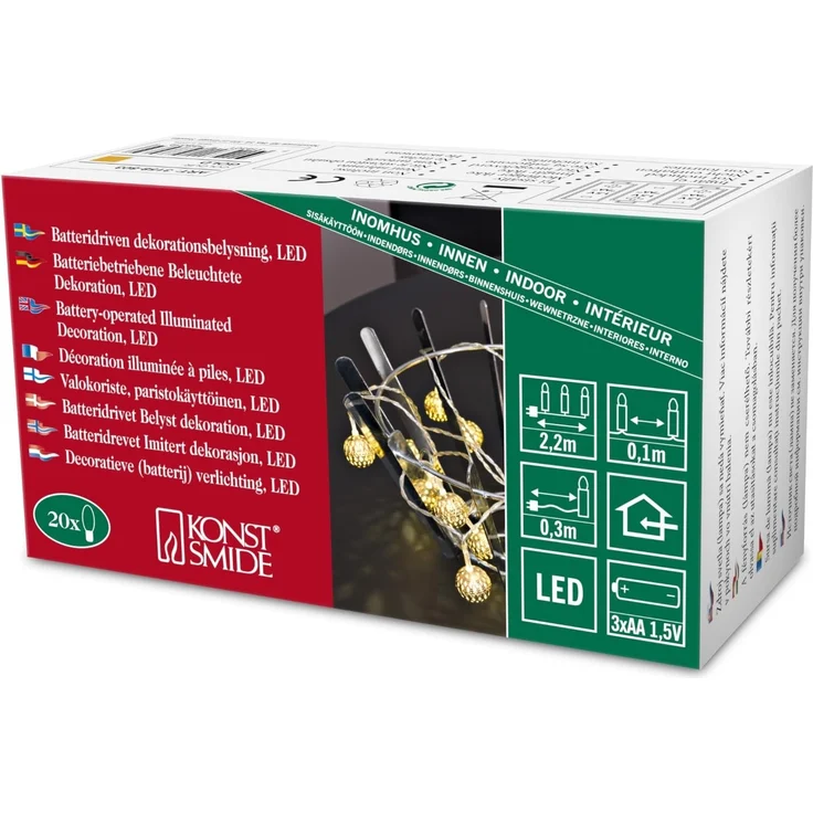 Konstsmide 3158-803 LED Dekolichterkette "Goldfarbenen Metallbälle" / für Innen / Batteriebetrieben: 3xAA 1.5V (exkl.) / 20 warm weiße Dioden / transparentes Kabel – Bild 1