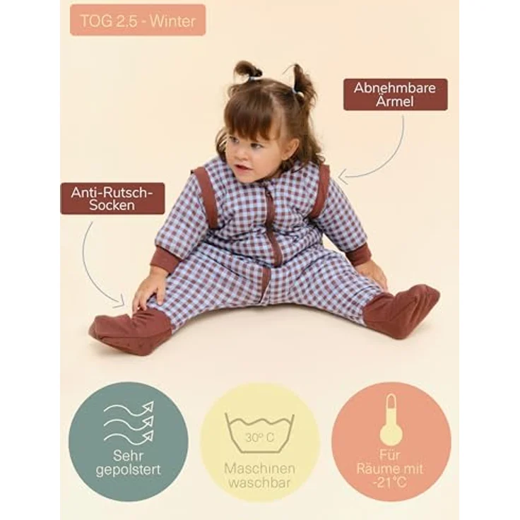 molis&co. Baby-Schlafsack mit Füßen, abnehmbare Ärmel und Socken. 2.5 TOG. Ideal für die Übergangszeit und den Winter. 100% Baumwolle (Oeko-TEX 100). (Vichy Brown&Blue, 90 cm (3 Jahre)) – Bild 6