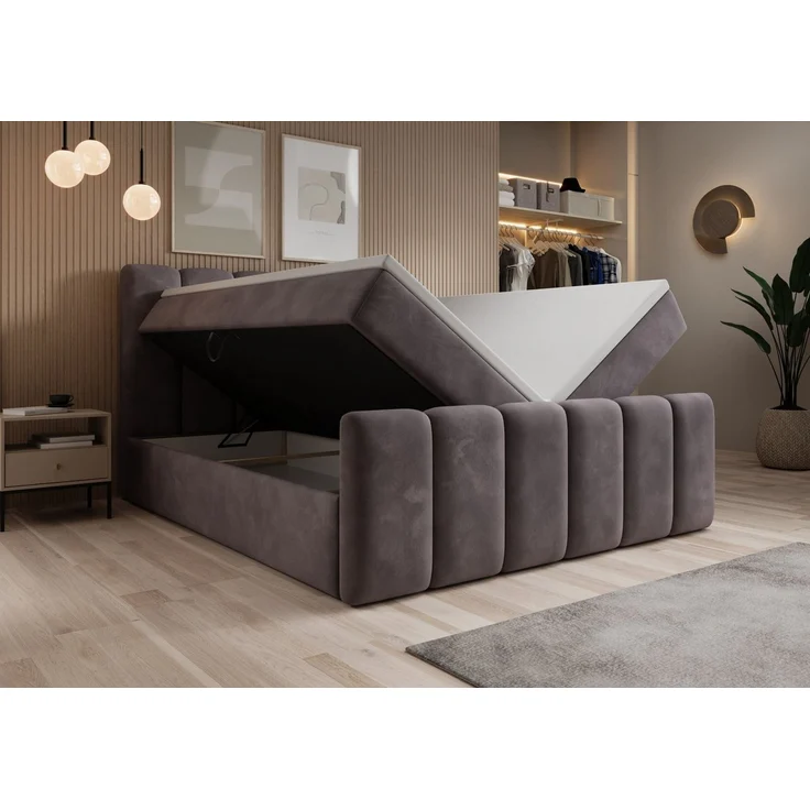 thematys Boxbett mit Bettkasten 200x200cm, mit Bonnellfederkernmatratze H3, Bouclé/Velours, mit Stauraum, mit 3 cm Topper, Grau (Velluto 16) – Bild 4