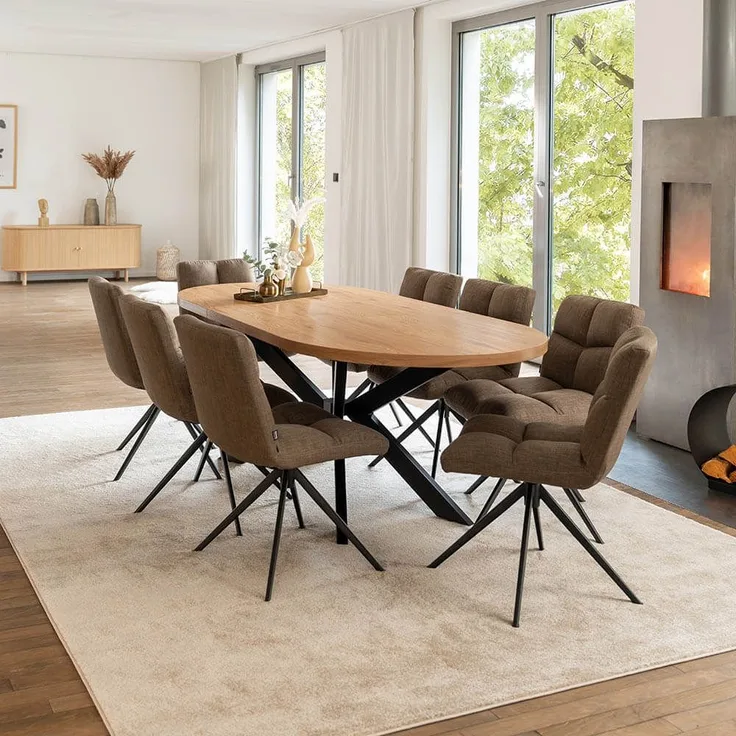HOME DELUXE Essgruppe Oval Ausziehbar inkl. Sternfuß - 160 x 100 cm Light Oak 8 Stühle Grau / Braun