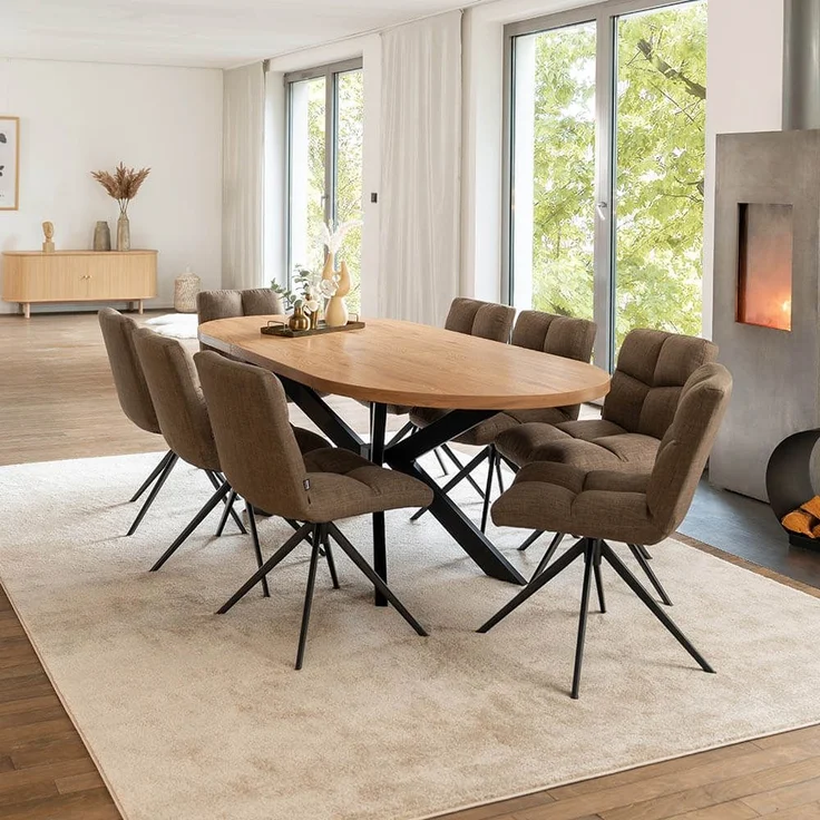 HOME DELUXE Essgruppe Oval Ausziehbar inkl. Sternfuß - 160 x 100 cm Light Oak 8 Stühle Grau / Braun – Bild 1