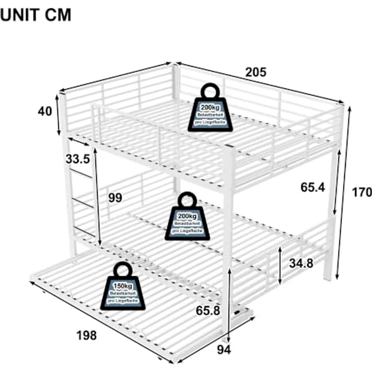 FAVSH Etagenbett 140x200 cm für 3 Personen aus Metall, Hochbett mit Rausfallschutz und Leiter, Geräuscharmes Doppelbett, rutschfest, für Jugendliche und Erwachsene, WG & Ferienwohnung, Weiß B – Bild 2