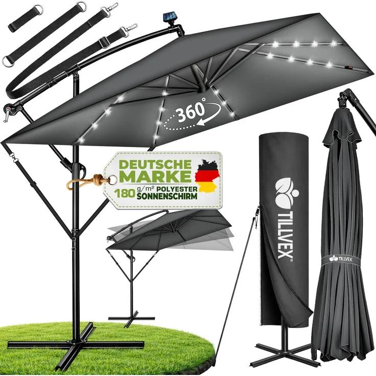 tillvex® Alu Sonnenschirm Rechteckig Ø 330 cm mit LED Solar Anthrazit + Abdeckung mit Kurbel | Ampelschirm mit Ständer & Windschutz | Gartenschirm UV-Schutz, wasserdicht, 360° drehbar | Kurbelschirm Marktschirm – Bild 6