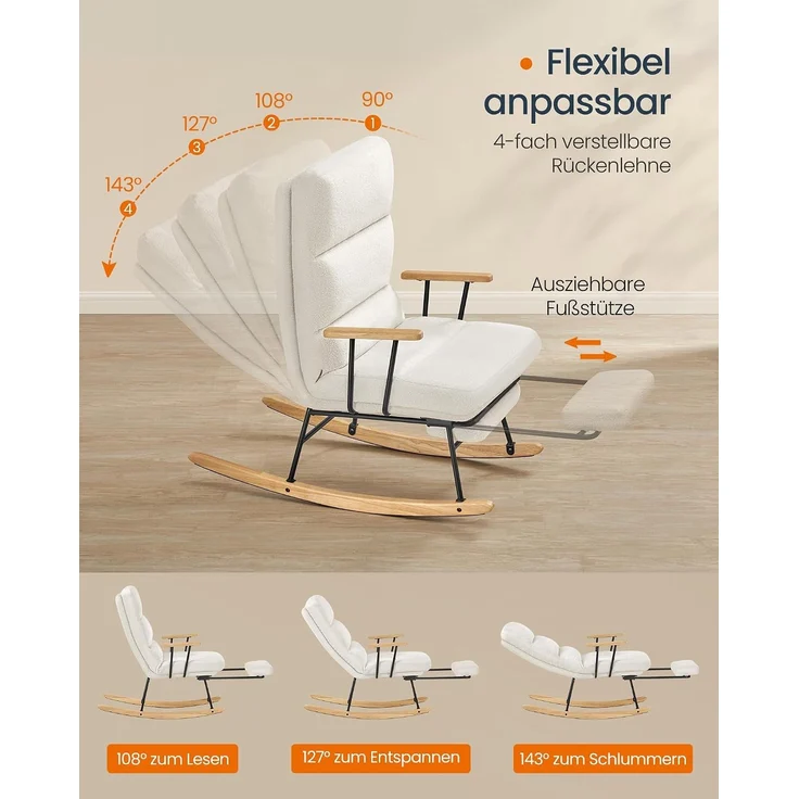 SONGMICS HOME Schaukelsessel, mit Massivholzfüßen, Schaumstoffpolsterung, Fleece, Kautschukholz, Stahl, Cremeweiß, 97 x 67 x 100 cm – Bild 5