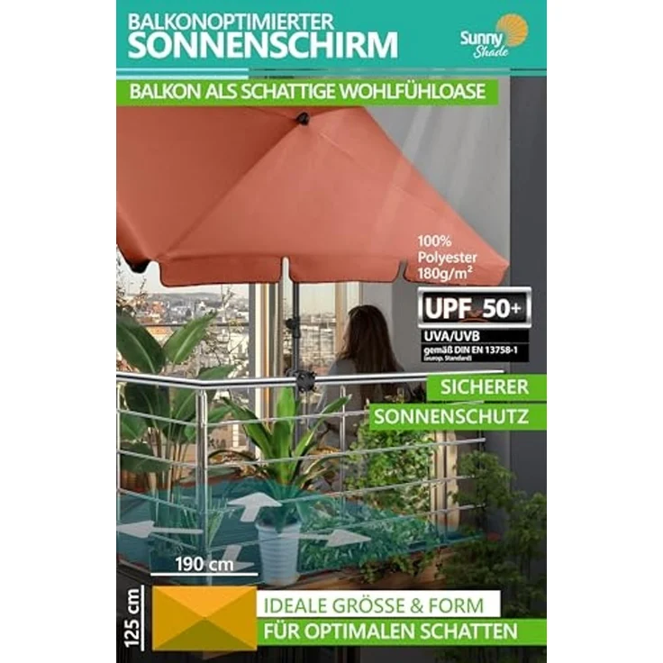 4smile Sonnenschirm Balkon SunnyShade, 200 x 125 cm, Orange - UPF 50+ Sonnenschirm rechteckig als Sonnenschutz Balkon - SunnyGuy Balkon-Schirm mit Sonnenschirmhalter + Sonnenschirmhülle – Bild 3