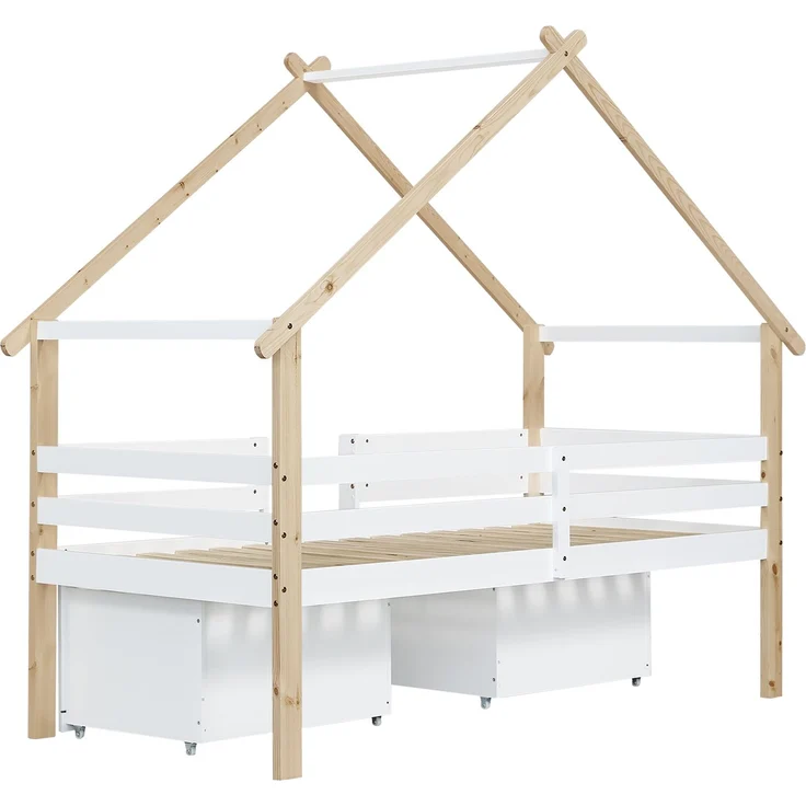 Kinder Hausbett 90x200 halbhoch mit Dach & 2 Schränken - Weiß+Natur, mit Treppe,Sicherheitszaun, Stauraum,Spielbett – Bild 8
