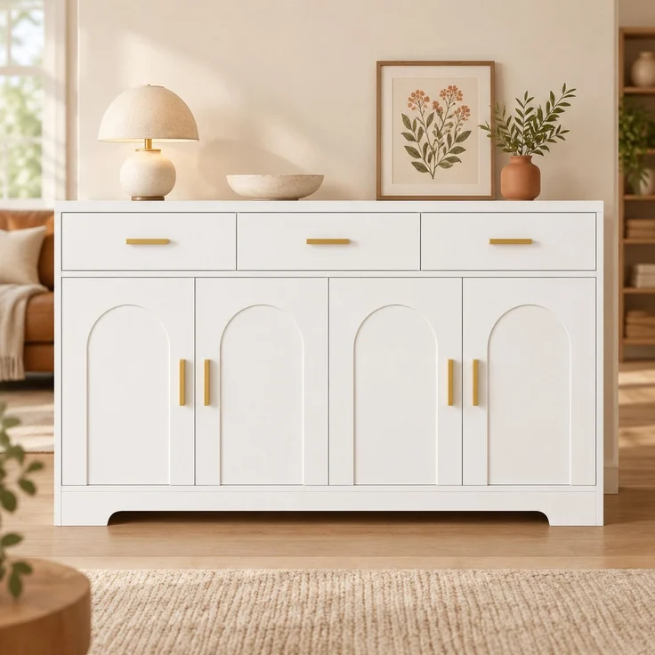 DESVIAE Sideboard Weiß aus MDF – 140x83x40 cm – 3 Schubladen, 4 Türen – Bild 1