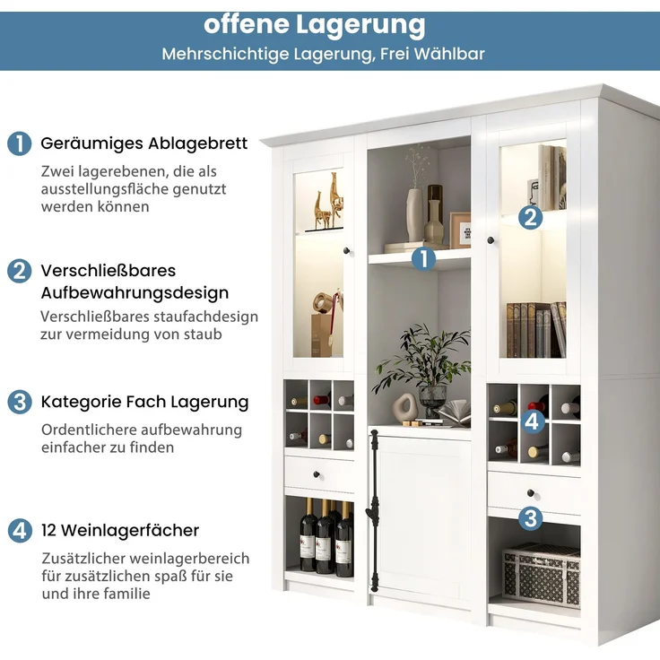 (=2967707172AAA )Vitrine mit 7 Farben LED Beleuchtung Vitrinenschrank Standvitrine Stauraumvitrine Schrank Wohnzimmerschran Weiß LED Vitrine (3-St) Wohnzimmer Wohnwände LED Vitrinenschränke--Weiß--143x45.5x170cm--YOUDENOVA – Bild 10