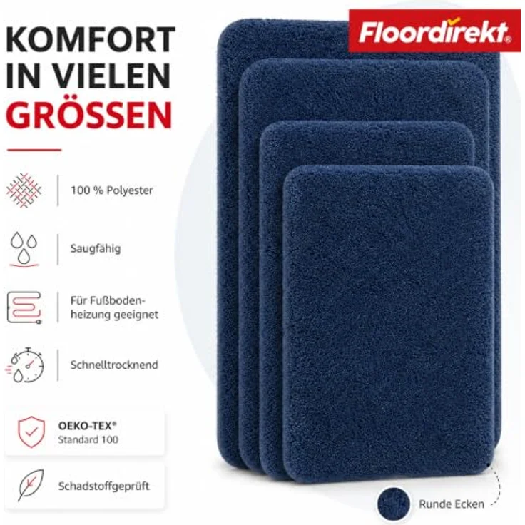 Floordirekt Badematte Sky - Rutschhemmender Hochflor Badezimmerteppich, schnell trocknend, geeignet für Fußbodenheizung, 60 x 100 cm, Dunkelblau – Bild 4