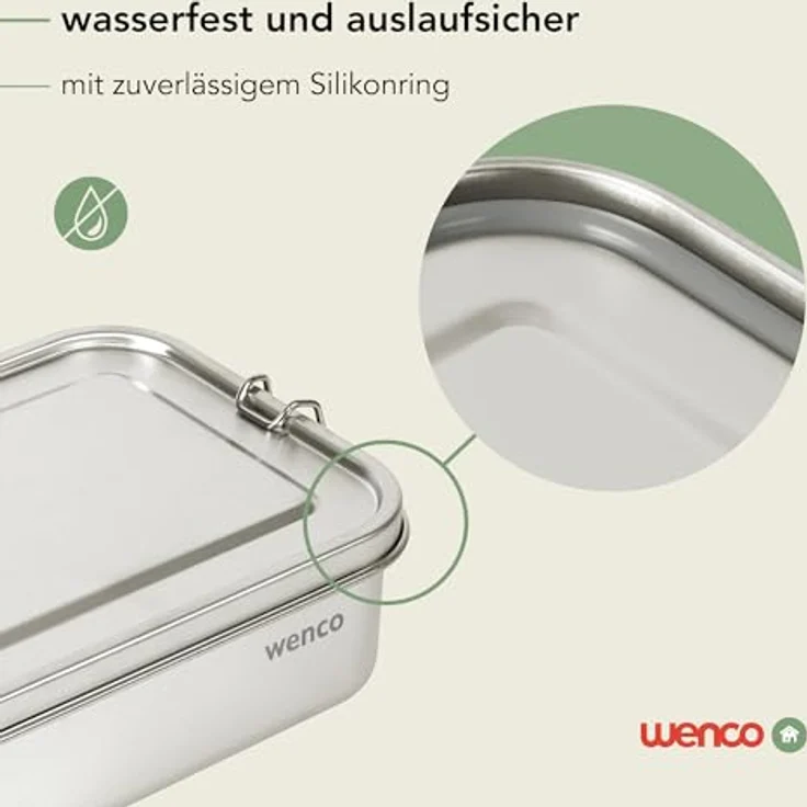 wenco Lunchbox aus Edelstahl, Mit 2 Fächern, Brotdose groß mit 1,5 liter Fassungsvermögen, Wasserdicht, Spülmaschinengeeignet, inkl. Ersatz-Silikonring, 21,5 x 16,5 x 7,0 cm, Silber. – Bild 3