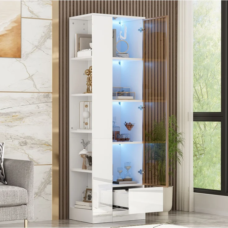 Vitrine 50 x 35 x 160 cm in Weiß mit Glastür und dimmbarer LED-Beleuchtung – Bild 3