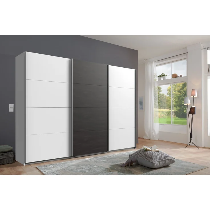 Schwebetürenschrank >Minden< in WEISS + RAW STEEL - 270x208x65cm (BxHxT) – Bild 1