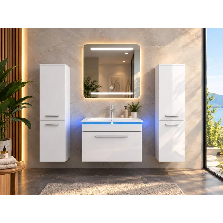 Faizee Home Badmöbelset 60 cm Hochglanz inkl. Keramik-Waschbecken, LED-Spiegel & Soft-Close