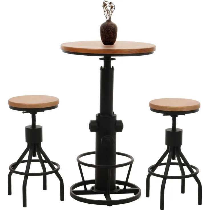 Set Bartisch + 2x Barhocker HWC-N17, Barstuhl Stehtisch höhenverstellbar drehbar Fußablage Industrial Holz ~ natur