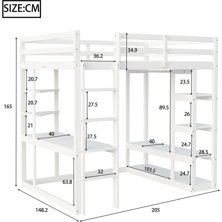 Hochbett 140x200 cm mit Schreibtisch und Stauraum,Kinder- & Jugendbett aus Massivholz,Leiter & Regale,Weiß – Bild 4