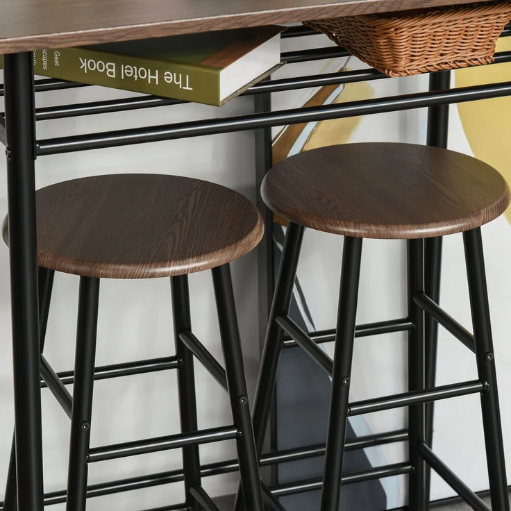 Bartisch Set 3-teilig Esstisch mit 2 Barhocker Essgruppe Küchentisch und Stühle Stehtisch und Barhocker mit Lagerregal Metall 80 x 50 x 90 cm Schwarz--Schwarz--80x50x90cm--YOUDENOVA – Bild 7