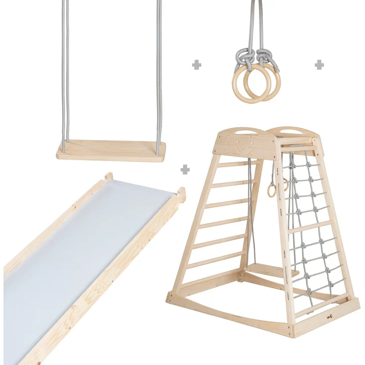 roba Montessori Indoor Spielturm inkl. 2in1 Rutsch- & Kletterbrett, Kletternetz- & Sprossenseite, Schaukel & Turnringen - Geeignet ab 24 Monaten - Belastbar bis 70 kg - Holz natur – Bild 1