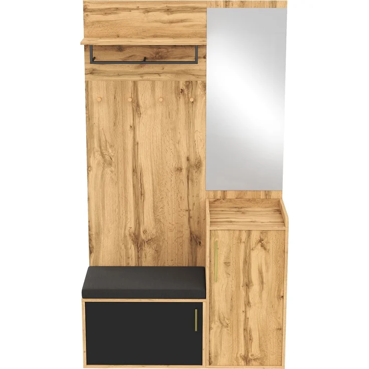 Kompaktgarderobe mit Spiegel, Sitzbank & Schuhschrank, 100x38x185 cm, Natur/Schwarz – Bild 6