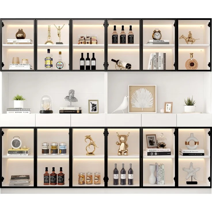 Glasschrank Tür 200cm hoch Weißer Vitrinenschrank mit LED Lichtern, Multi Storage Bücherregal für Sammlung Schlafzimmer Wohnzimmer Büro, Weiß - Schwarzer Türrahmen--Weiß--36x240x200cm--YOUDENOVA – Bild 3