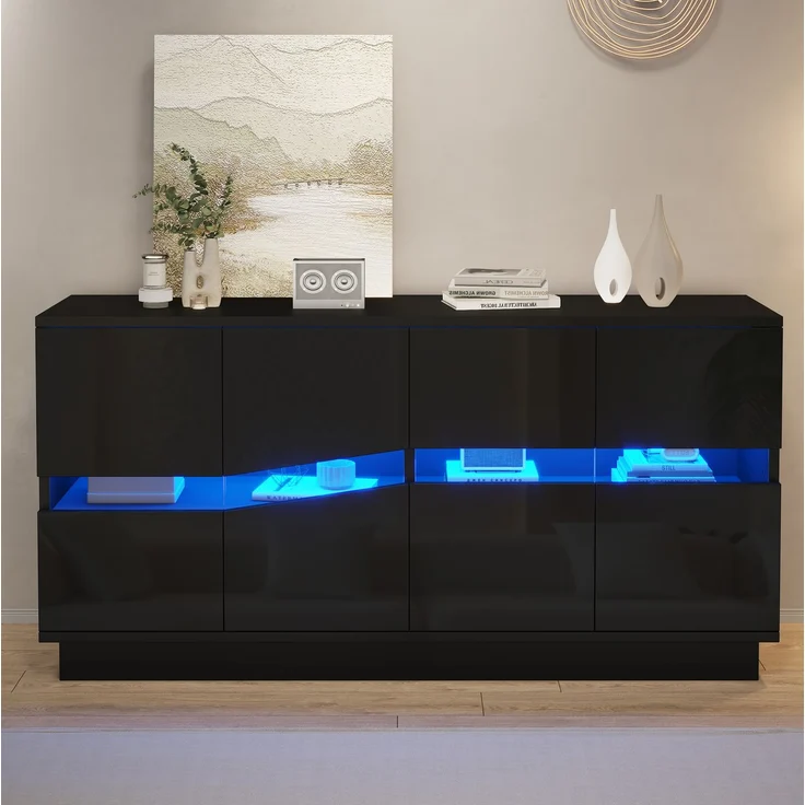Sideboard 140 x 35 x 70 cm in Schwarz mit 4 Türen, verstellbaren Einlegeböden und LED-Beleuchtung – Bild 2